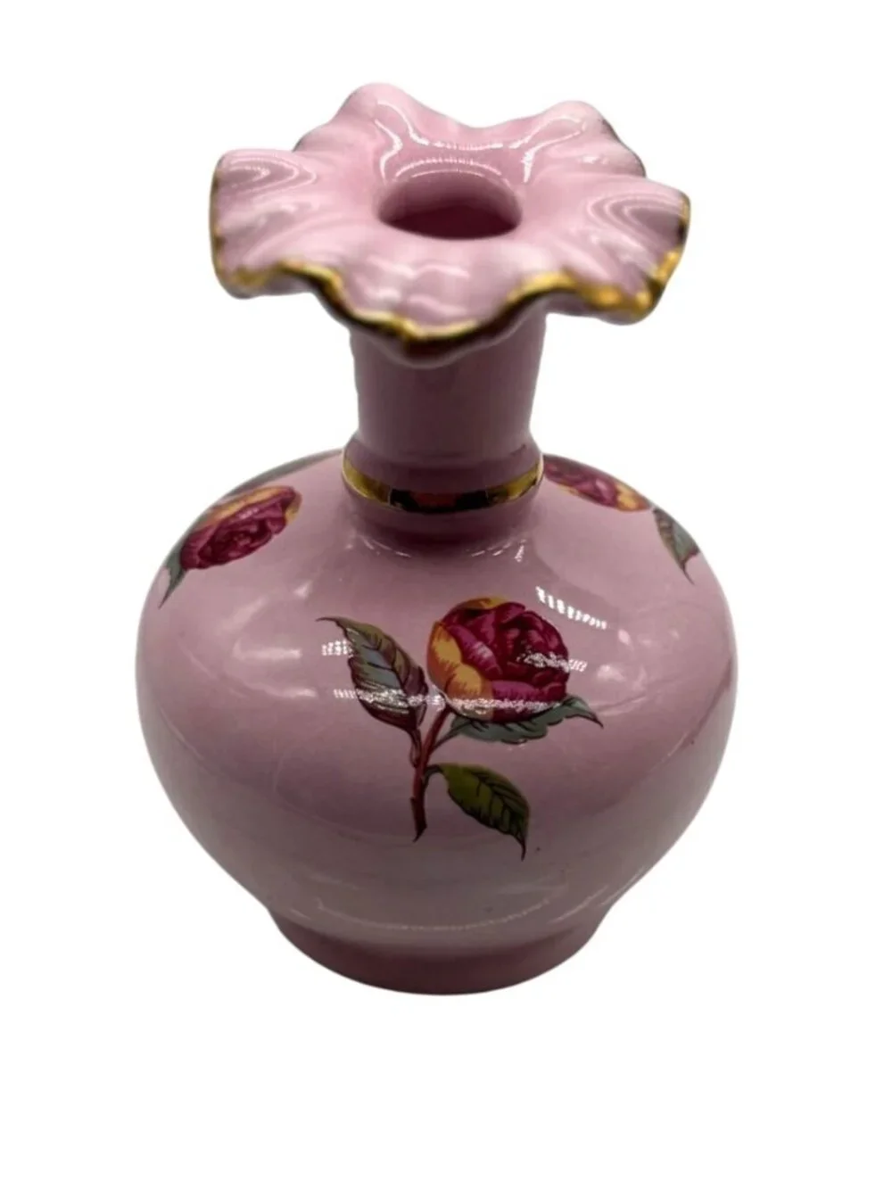 Vintage Pink Ceramic Rose Vase With Gold Detailing & Scalloped Rim 4